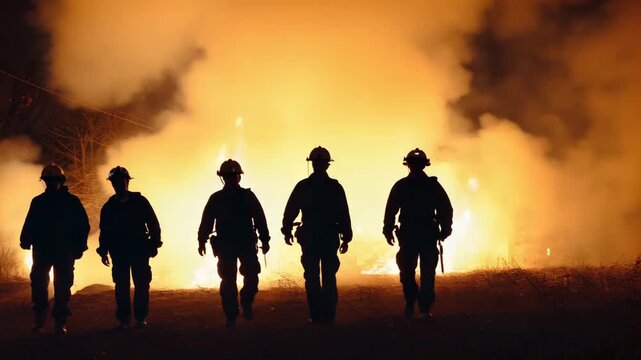 Heroic shot of firefighters silhouetted against a blazing wall of flames, advancing slowly through dense smoke, realistic gear movement, cinematic wildfire scene.