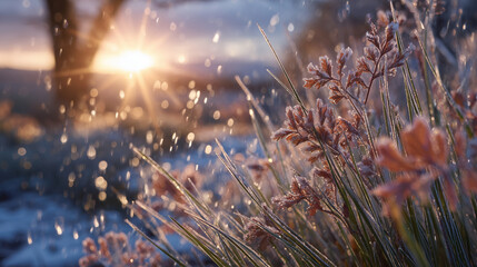 Warm sunbeam shining on last winter frost on grass, transition moment between seasons