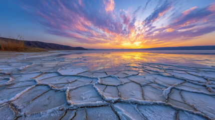 Frozen lake beginning to thaw, cracked ice patterns glowing under vivid sunset sky