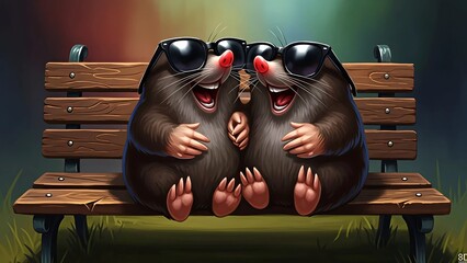 Two happy laughing moles wearing sunglasses sit together on a park bench. Funny cartoon animal characters for humor and friendship concept.