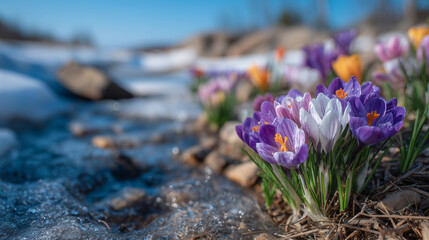Colorful crocuses sprouting among patches of melting snow in a park