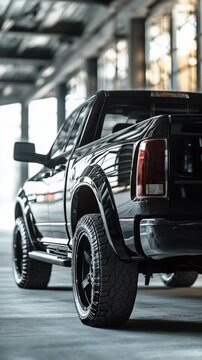 A black pickup truck parked in a garage