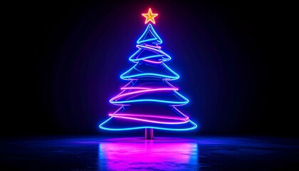 Neon Christmas Tree Illuminated Against a Dark Background with Star Topper