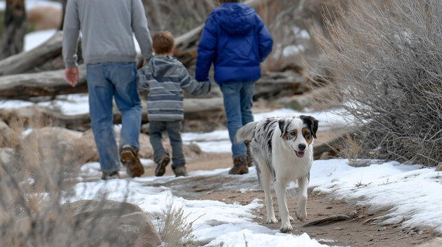 Family walking with their dog on a partially snowy spring trail, joyful seasonal transition mood
