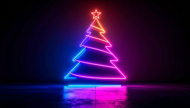 Neon Christmas Tree Illuminated Against Dark Background with Star Ornament