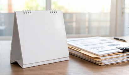Blank white standing desk calendar mockup on wooden office table with documents