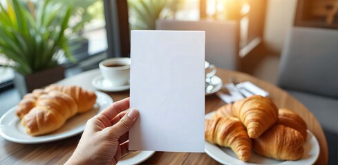 Hand holding blank white menu card mockup in cozy cafe breakfast setting