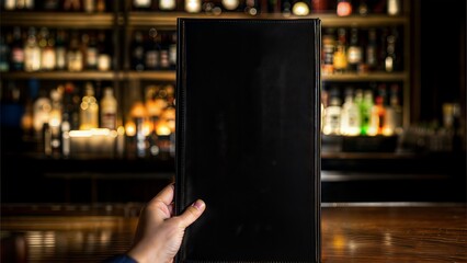 Hand holding blank black menu cover mockup in luxury bar background
