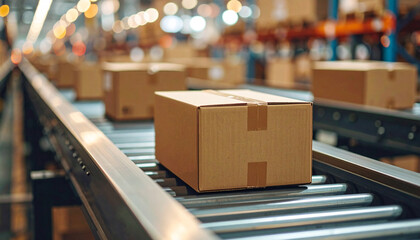 Cardboard boxes moving on conveyor belt in warehouse, delivery and logistics concept, industrial