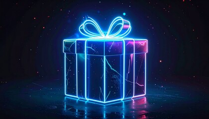 Neon Illuminated Gift Box on Dark Background with Glowing Lines and Floating Particles