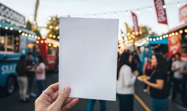 Hand holding blank white paper flyer mockup at outdoor food truck festival