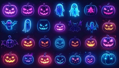 Pixel Art Halloween Characters Collection Against Dark Background Displaying Pumpkins And Ghosts In Neon Color Palette
