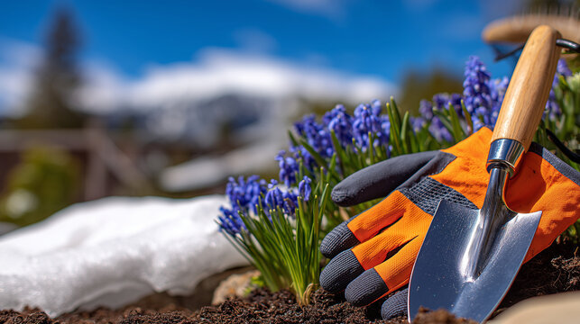 Gloves, tools, and soil arranged for spring gardening, snow melting in background