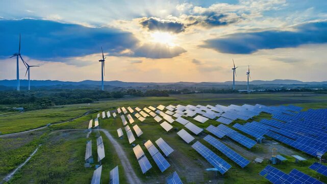 Bright natural environment featuring solar farms and rotating windmills, emphasizing clean energy, green innovation, and environmental responsibility.