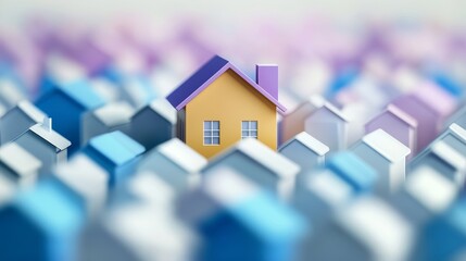 A Bright Yellow House Stands Out Among a Row of Blue and White Homes in a Charming Neighborhood