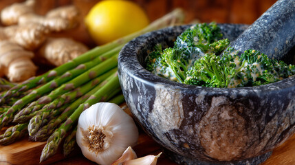 Healthy food prep scene with fresh greens and vegetables symbolizing spring renewal