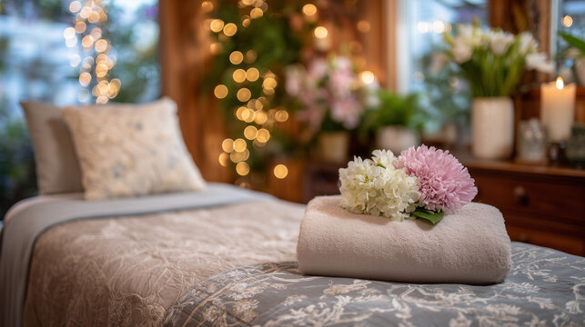 Massage therapy session in warm, natural ambient lighting with spring floral dÃ©cor