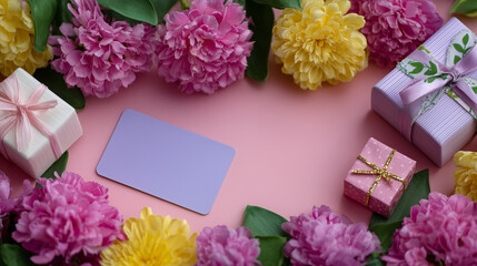Flat lay of spring promotional items flowers, coupons, credit card, small gift boxes