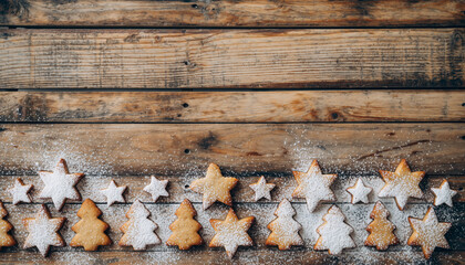 Christmas-themed star and tree cookies dusted with powdered sugar on a rustic wooden background, ready for holiday celebrations.