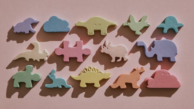 Colorful dinosaur and animal puzzle pieces on pink background for children's play and learning