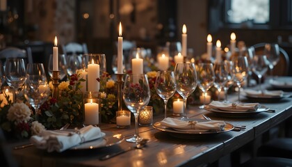 Elegant formal dinner table setting illuminated by many glowing candles