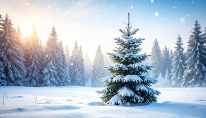 Naklejka premium Snow Covered Pine Tree in a Winter Wonderland with Snowy Landscape and Bright Sunlight