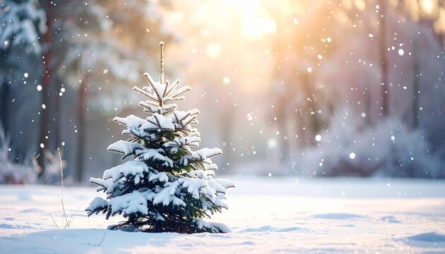 Snow Covered Pine Tree in a Winter Wonderland with Falling Snow and Bokeh Effect and Warm Sunlight - Powered by Adobe