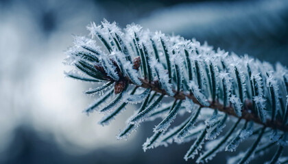 A close-up shot of a pine tree branch covered in delicate white frost and ice crystals on a cold winter day.