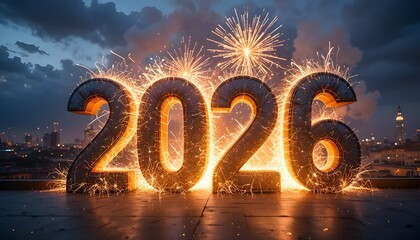 Giant illuminated 2026 numbers with fireworks celebrating the new year