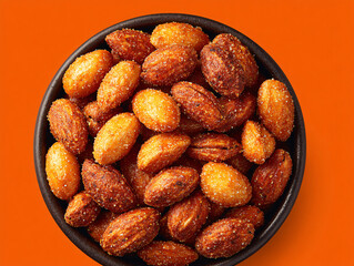 Fototapeta premium a bowl filled with roasted almonds. The almonds are coated with a sugary glaze and are placed on an orange background.