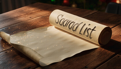 A partially unrolled parchment scroll with 'Saarad List' written on it, sparkling with glitter on a rustic wooden table, bathed in warm light.