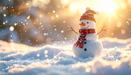Snowman in Red Hat and Scarf in Winter Landscape with Sunlight and Falling Snow