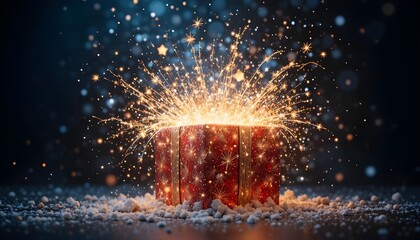 Magical glowing gift box exploding with golden sparks on snowy surface