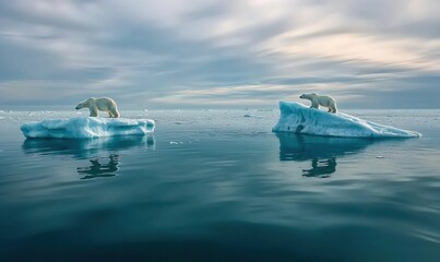 Polar Bears Sitting Atop Icebergs in the Arctic Ocean During Daylight Hours