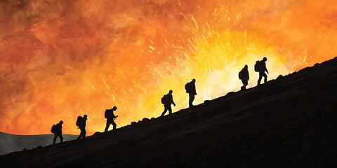 Silhouetted hikers ascend a mountain against a vibrant sunset sky