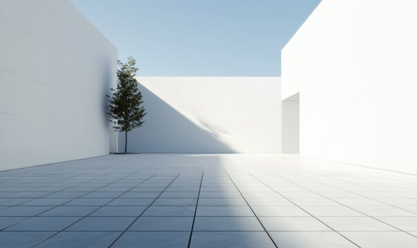 Small Tree Next to White Buildings Under a Clear Blue Sky on a Sunny Day