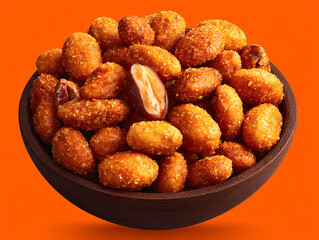 Fototapeta premium a bowl filled with roasted almonds. The almonds are coated with a sugary glaze and are placed on an orange background.