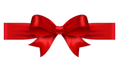 Red satin bow with short ribbon tails, glossy vector gift wrap element for packaging boxes, branding tags, labels and premium holiday decoration