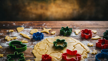 Cookie dough being cut into festive shapes with colorful cutters on a rustic wooden table, ready for holiday baking.