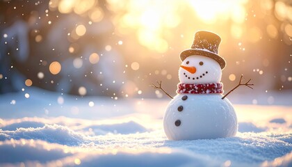 Snowman Smiling in Winter Wonderland with Snowflakes and Warm Sunlight Background
