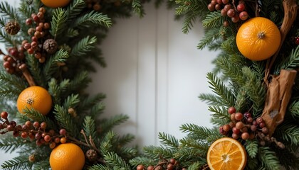 Closeup of a festive christmas wreath decorated with oranges and berries