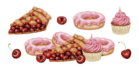Watercolor illustration set cherry pie cupcakes and pink glazed donuts with whole cherries in a sweet. for bakery packaging dessert branding cookbooks cafe menus food blogs and festive promotions.