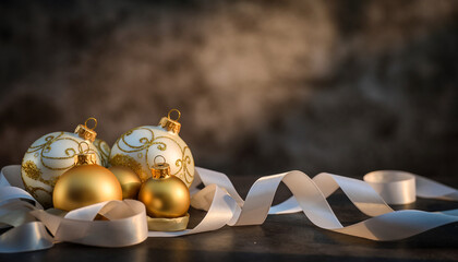 Elegant gold and white Christmas baubles with a flowing white ribbon on a dark festive background.