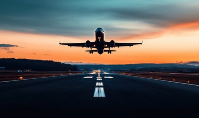 Fototapeta premium Passenger Jet Takes off at an Airport During a Vibrant Sunset in the Evening