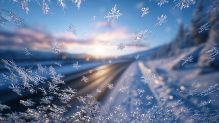 Windshield covered in ice feathers, morning sky blurred in background, perfect for clean, minimalist winter product marketing