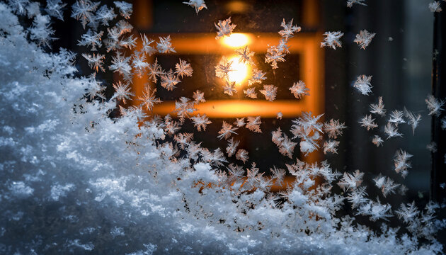 Close-up of intricate frost patterns and snowflakes on a window pane with a warm, blurred light in the background.