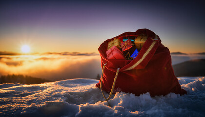 Santa's red sack filled with gifts on a snowy mountain at sunrise, with golden clouds in the background.