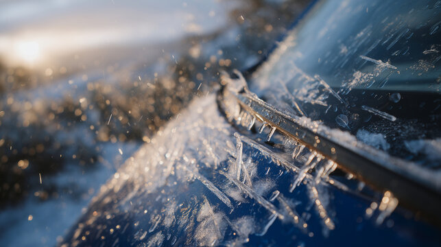 Frozen car handle surrounded by tiny icicles melting in streams as blue de-icing fluid is applied, soft morning glow adding warmth to cold textures, strong product-driven storytell