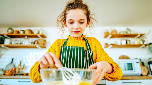 Child concentrating on mixing ingredients, developing new skills and enjoying a domestic activity in a bright kitchen
