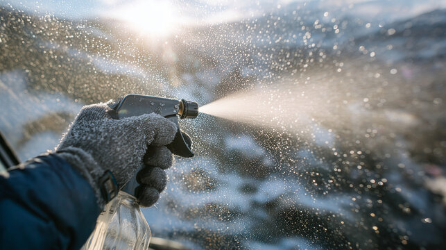 Hand in winter gloves holding a spray bottle aimed at an icy windshield, mist plume visible in the rising sun, melting frost revealed beneath, strong lifestyle-commercial compositi